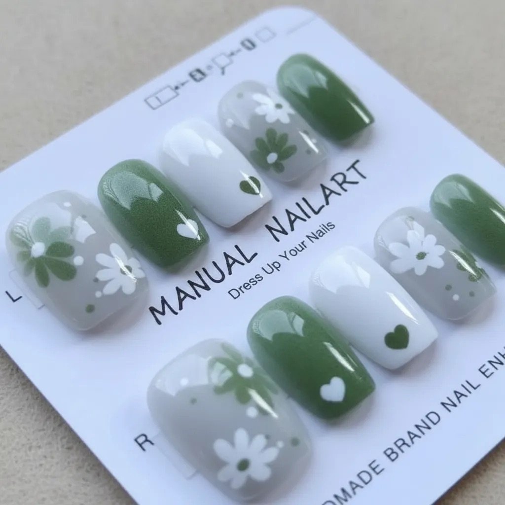 Uñas press on flores verde blanco a tu medida