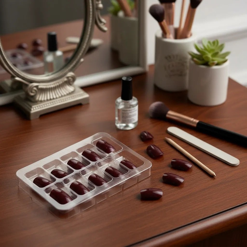 Uñas press on rojo cereza puestas en mano — Klaia Beauty