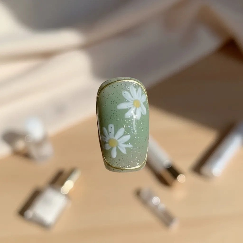 Uñas press on flores glitter verde blanco a tu medida