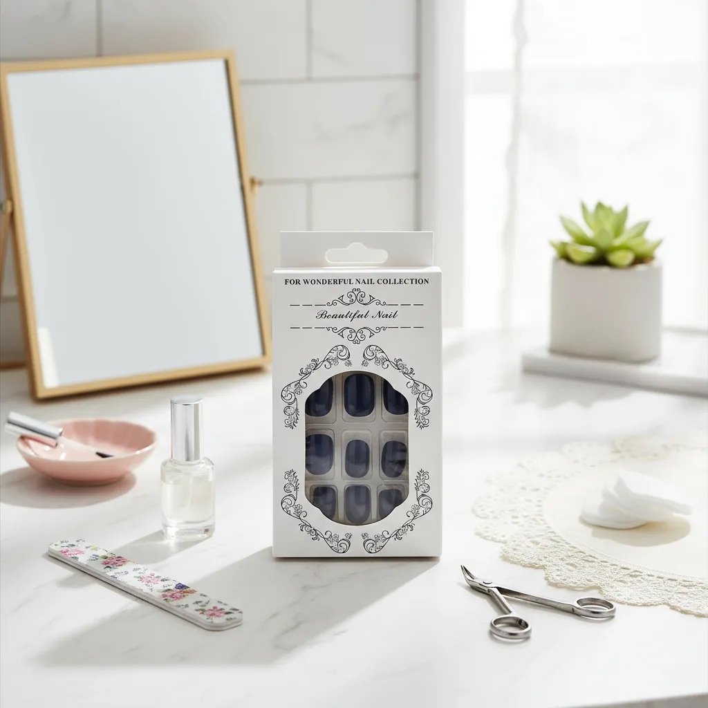 Uñas press on azul oscuro redondeada corta