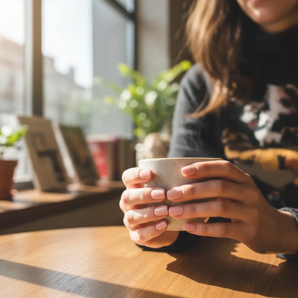 Uñas press on rosa nude claro puestas en mano — Klaia Beauty
