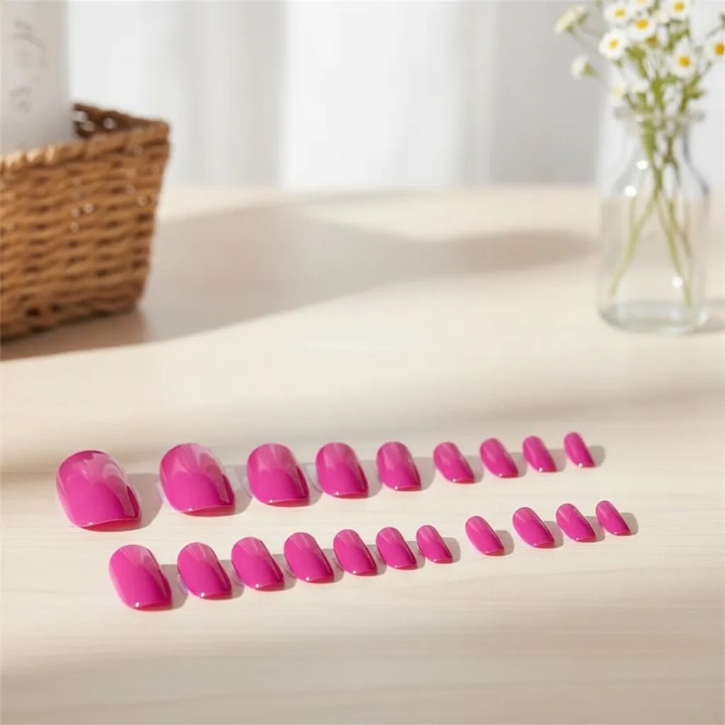 Uñas press on fucsia redondeada