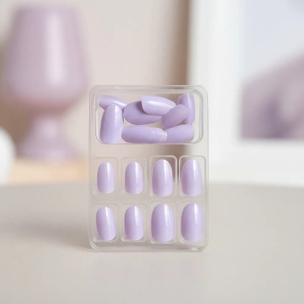 Uñas press on lila pastel puestas en mano — Klaia Beauty