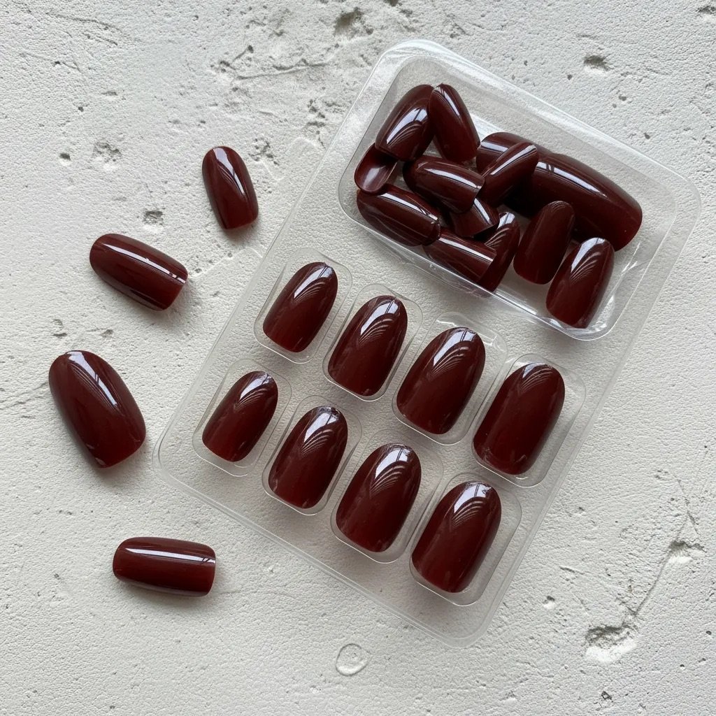 Uñas press on marrón chocolate almendra puestas en mano — Klaia Beauty