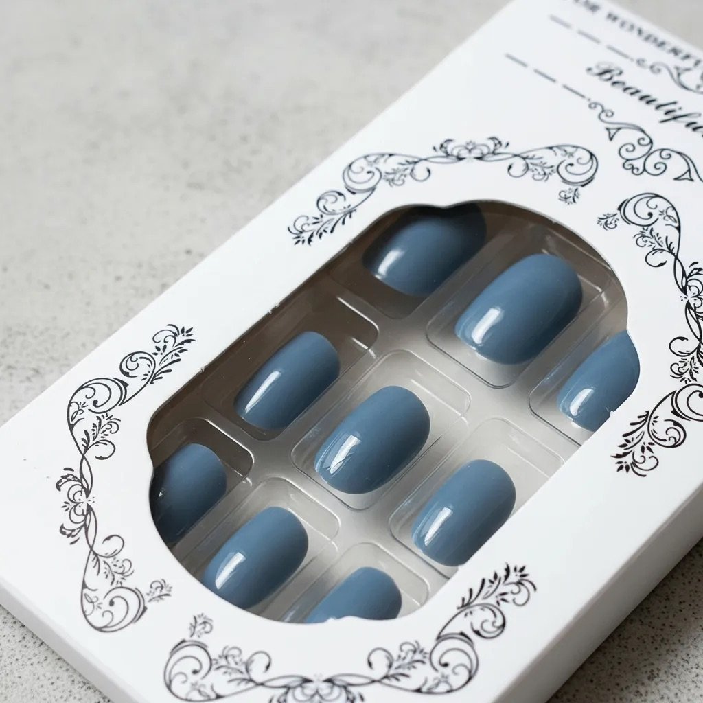 Uñas press on azul acero puestas en mano — Klaia Beauty