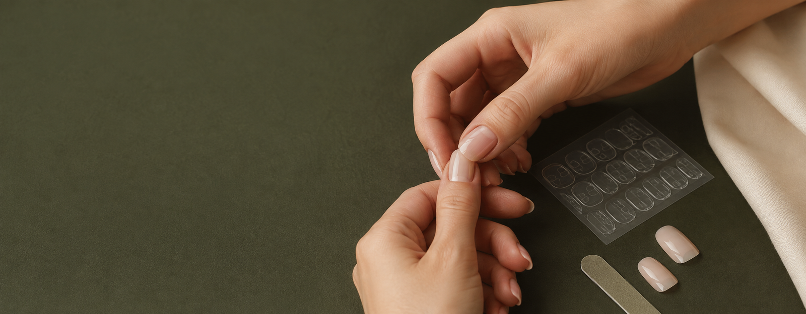 Aplicación de uñas press-on SAELA con tabs adhesivas sobre fondo oliva